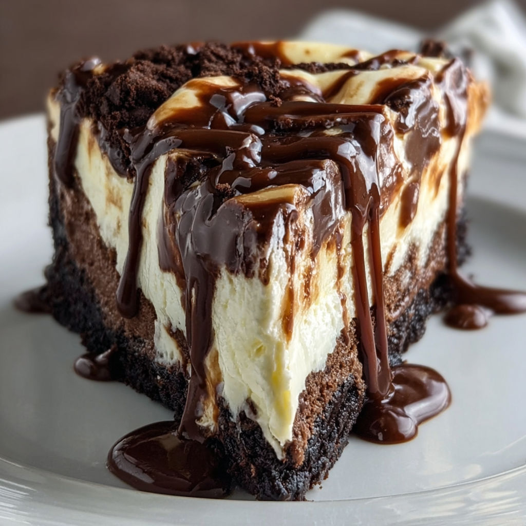 A slice of Hot Fudge Sundae Brownie Cheesecake is drizzled with chocolate sauce and topped with whipped cream.