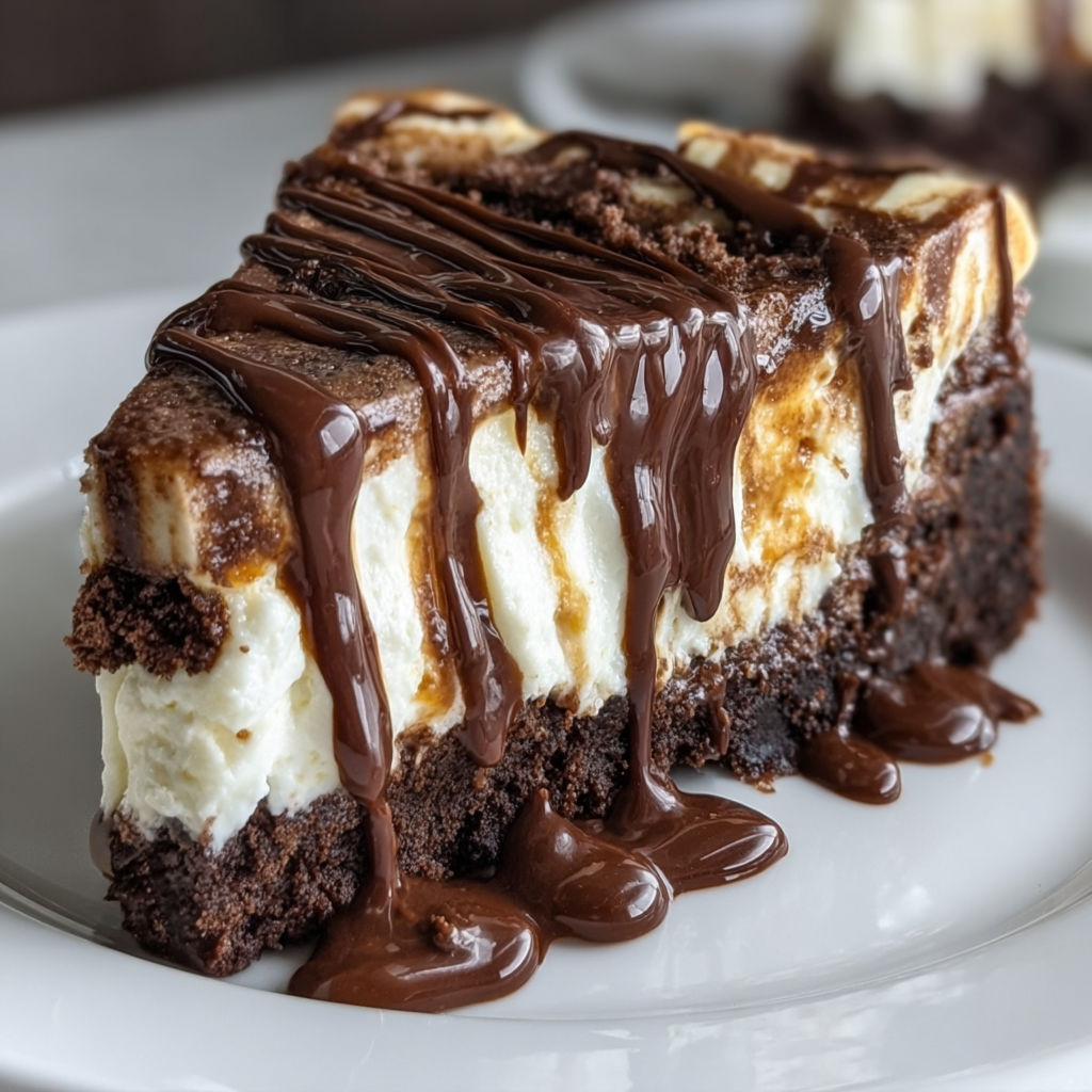 A slice of Hot Fudge Sundae Brownie Cheesecake with chocolate drizzle on a white plate.