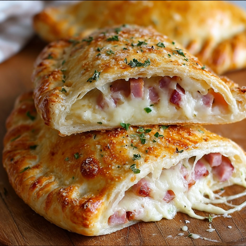A close up of a delicious pastry filled with meat and cheese, ready to be served.