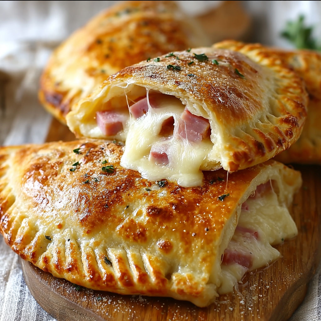 A close up of a delicious cheese and ham filled empanada.