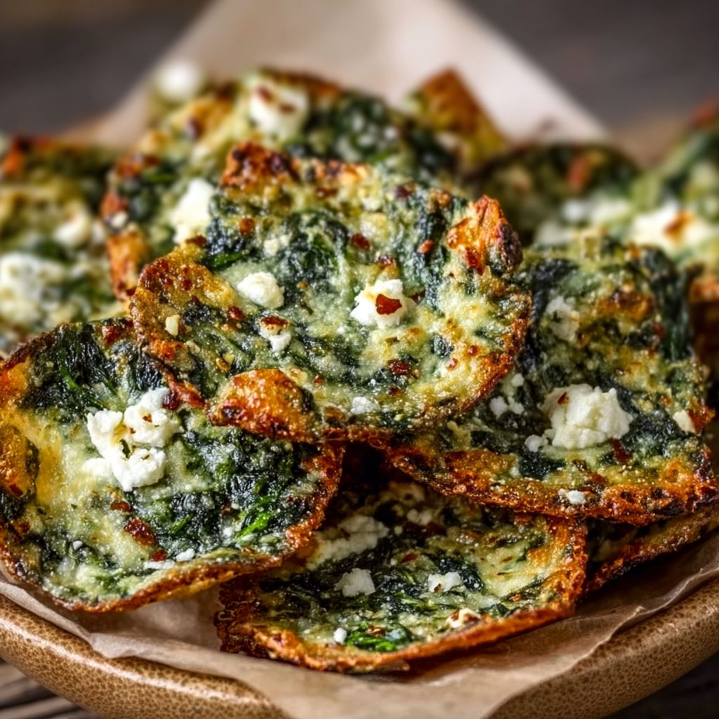 A plate of delicious spinach pancakes with feta cheese on top.