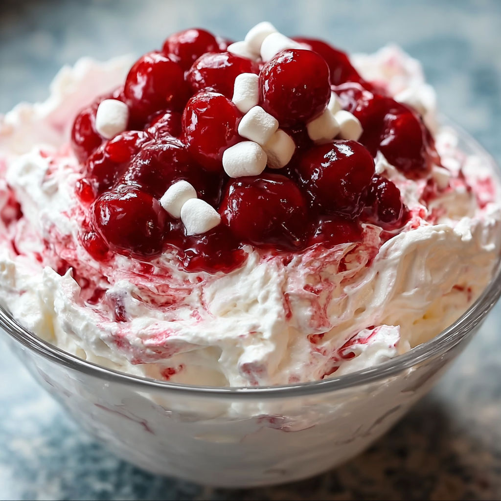 A bowl of red and white cream with maraschino cherries on top.