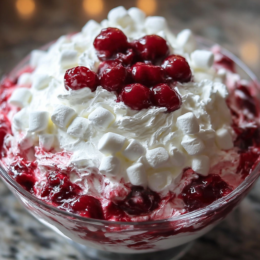 A bowl of red berries and whipped cream, topped with a cherry.