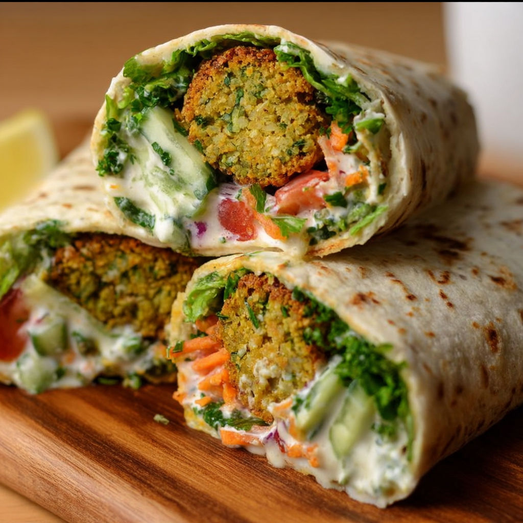 A delicious falafel wrap is displayed on a wooden cutting board, ready to be enjoyed.