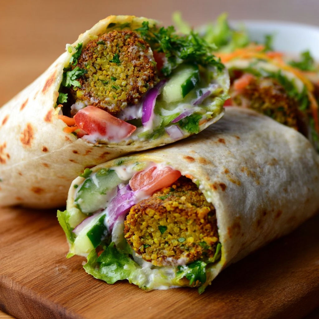 A delicious wrap filled with vegetables and meat is served on a wooden table.