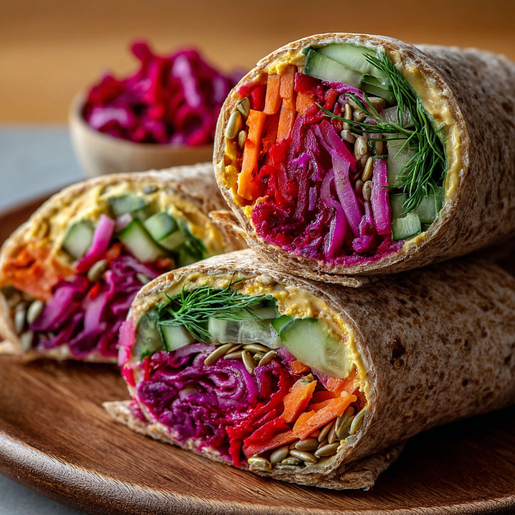 A colorful vegetable wrap is displayed on a wooden cutting board.