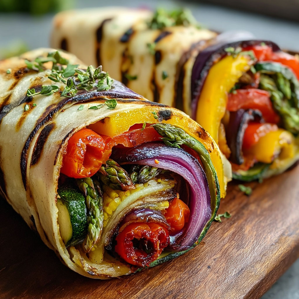 A grilled vegetable wrap is displayed on a wooden cutting board.
