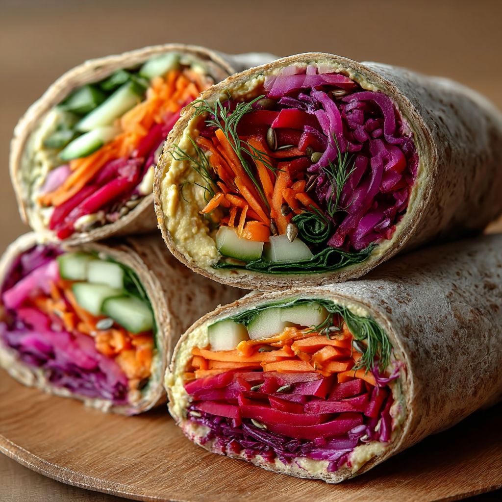 A colorful vegetable wrap is displayed on a wooden cutting board, showcasing a variety of fresh ingredients.