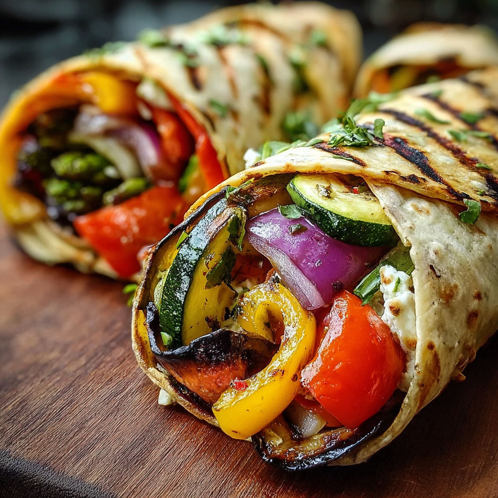A Grilled Vegetable Wrap is displayed on a wooden cutting board.