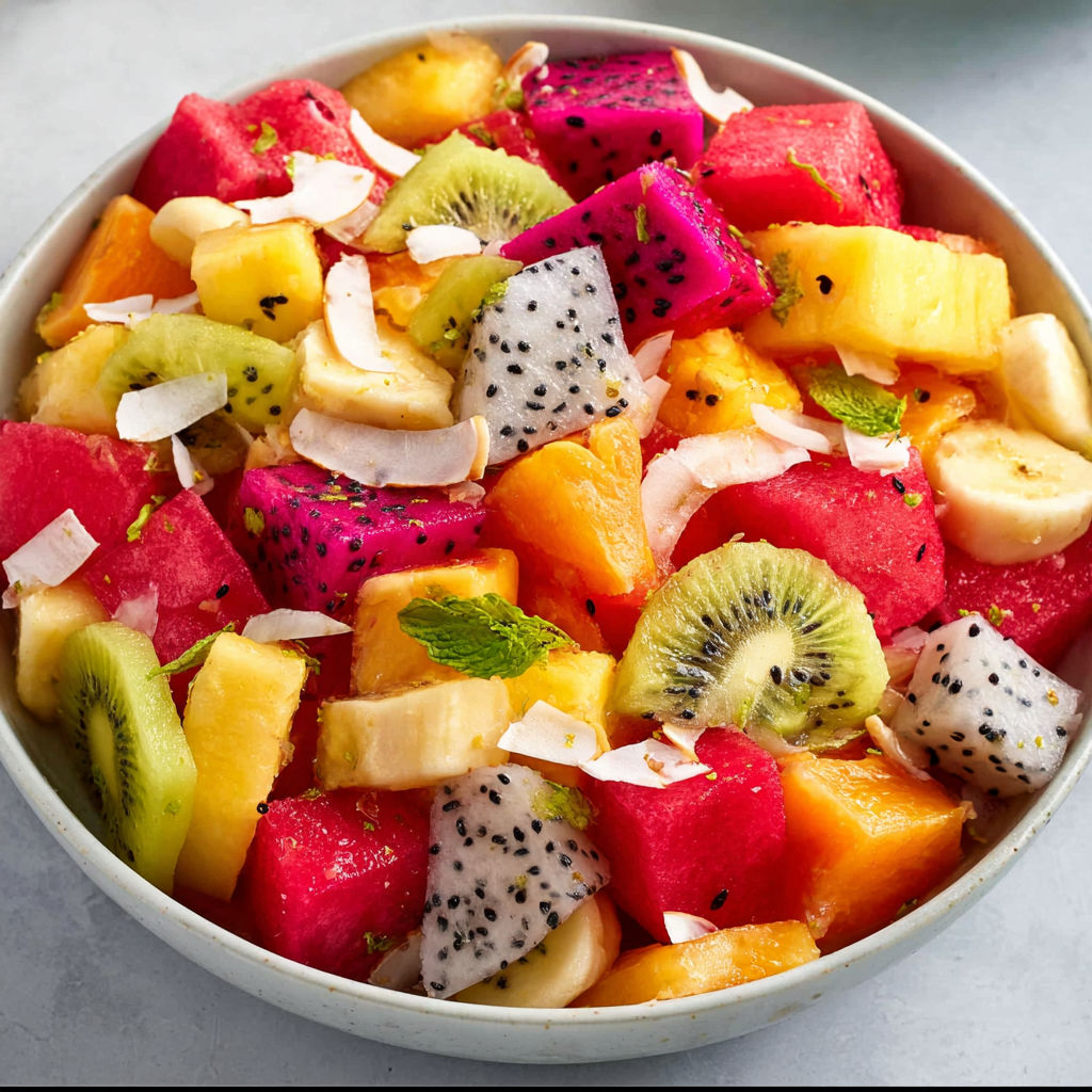 A bowl of tropical fruit salad with mango dressing.