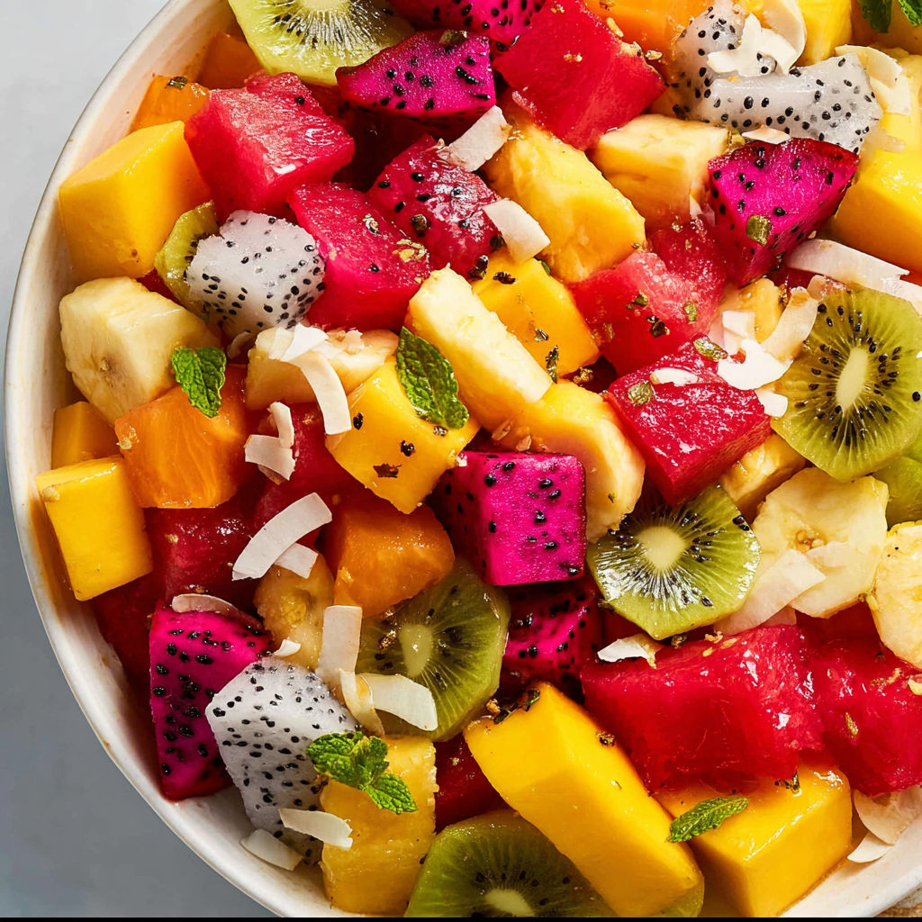 A bowl of fruit salad with a variety of fruits including kiwi, pineapple, and watermelon.