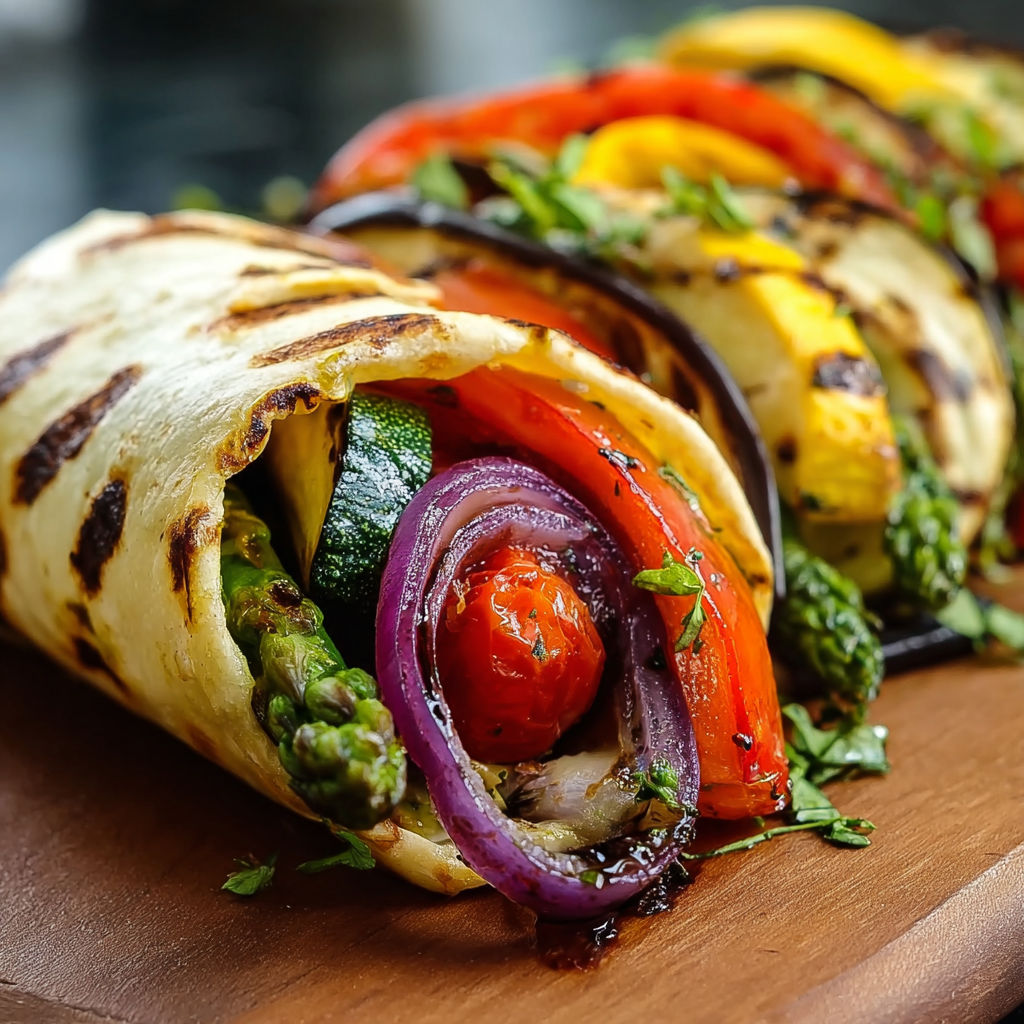 A delicious grilled vegetable wrap, filled with a variety of fresh vegetables such as tomatoes, onions, and asparagus, is served on a wooden cutting board.