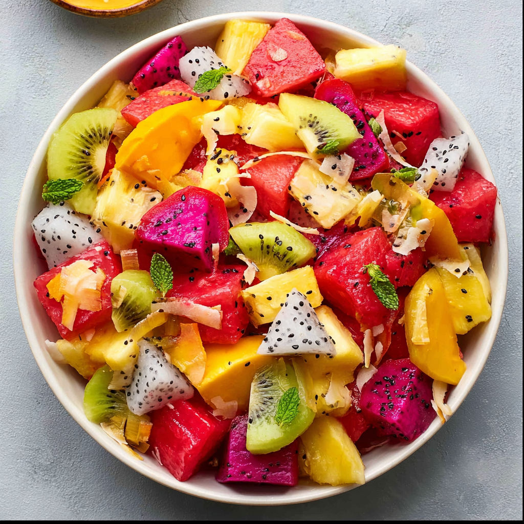 A bowl of fruit salad with a variety of fruits including watermelon, pineapple, kiwi, and mango.