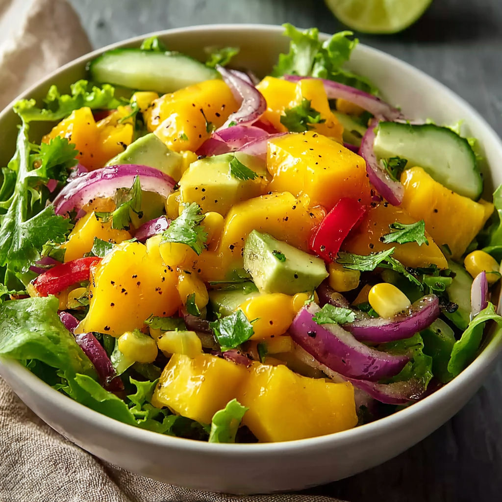 A bowl of tropical fruit salad with a variety of fruits including mango, onion, and lime.