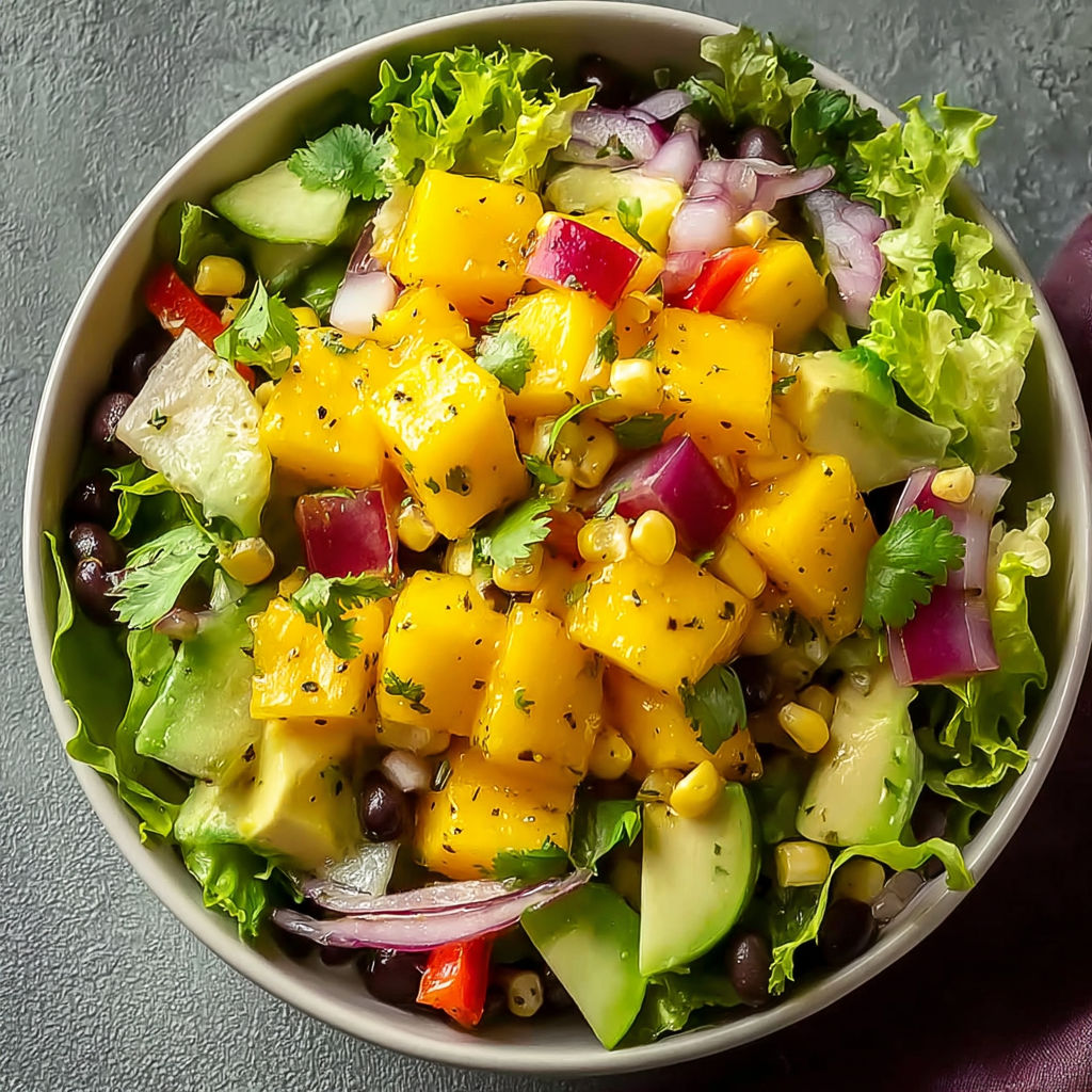 A bowl of tropical fruit salad with a variety of fruits and vegetables.