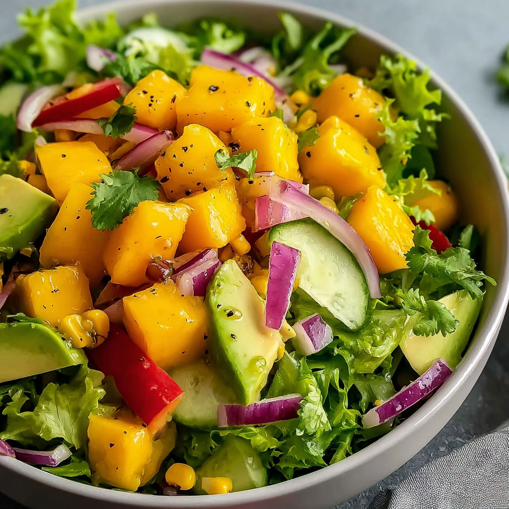 A bowl of tropical fruit salad with a variety of fruits and vegetables.