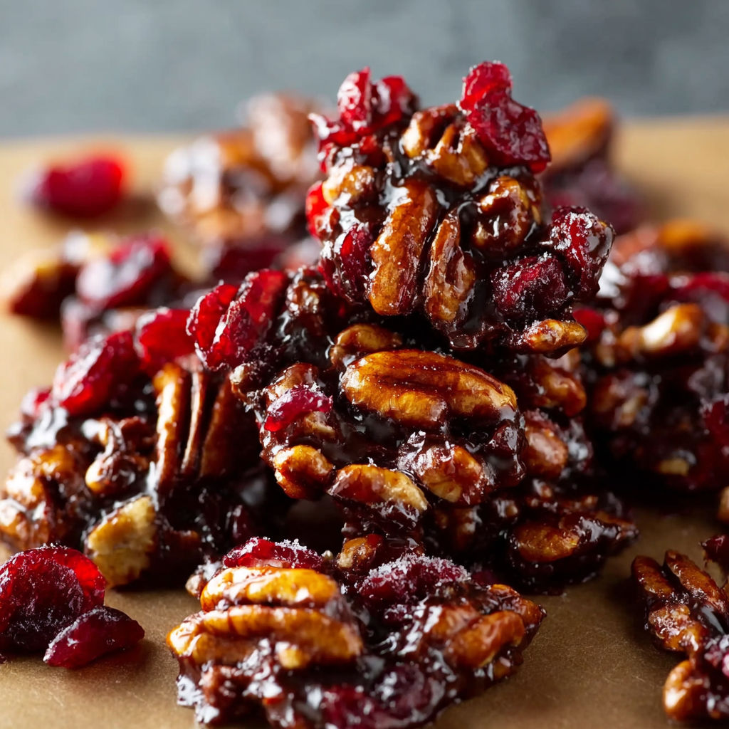 A close up of Cranberry Pecan Chocolate Clusters on a table.
