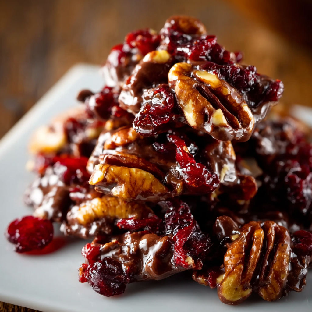 A plate of Cranberry Pecan Chocolate Clusters.