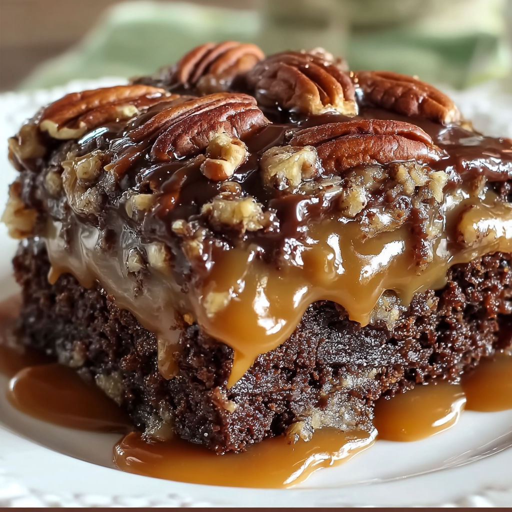 A delicious chocolate dessert with caramel drizzle and walnuts, topped with a scoop of ice cream.