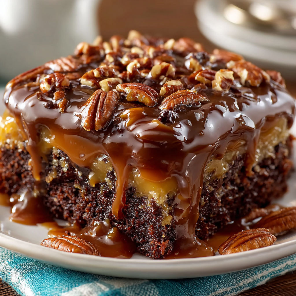 A slice of chocolate cake with pecans and caramel drizzle.