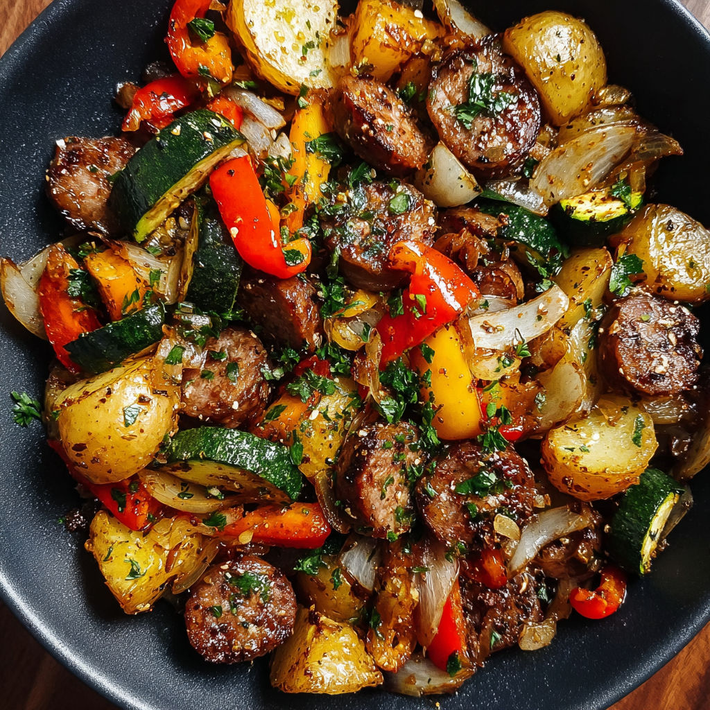 A delicious stir fry dinner with a variety of vegetables and sausage.