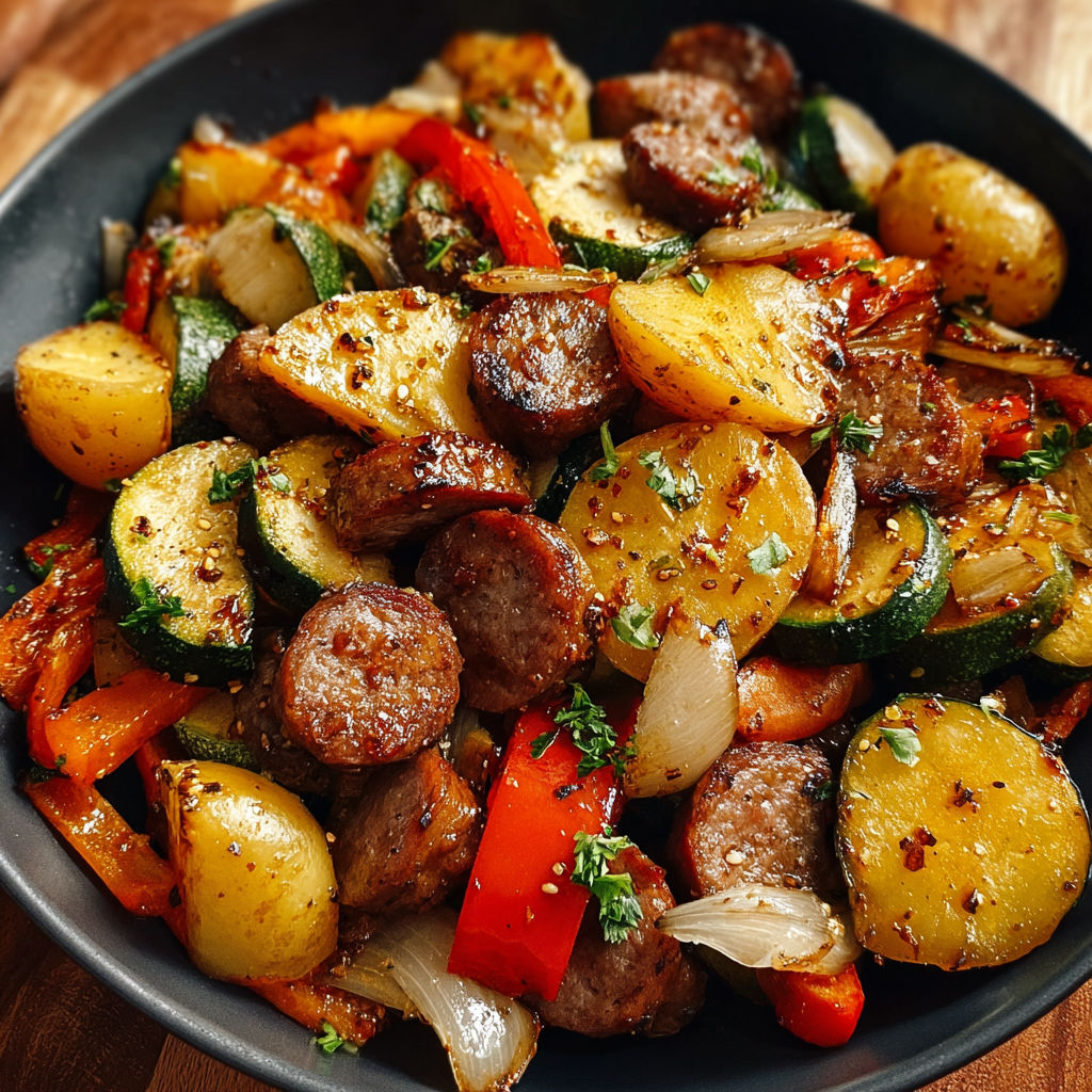A bowl of sausage, potatoes, and vegetables, including zucchini, onions, and peppers, is ready to be eaten.