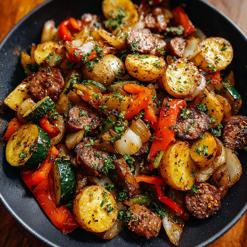A bowl of sausage and vegetables, including potatoes, peppers, and onions, is ready to be eaten.