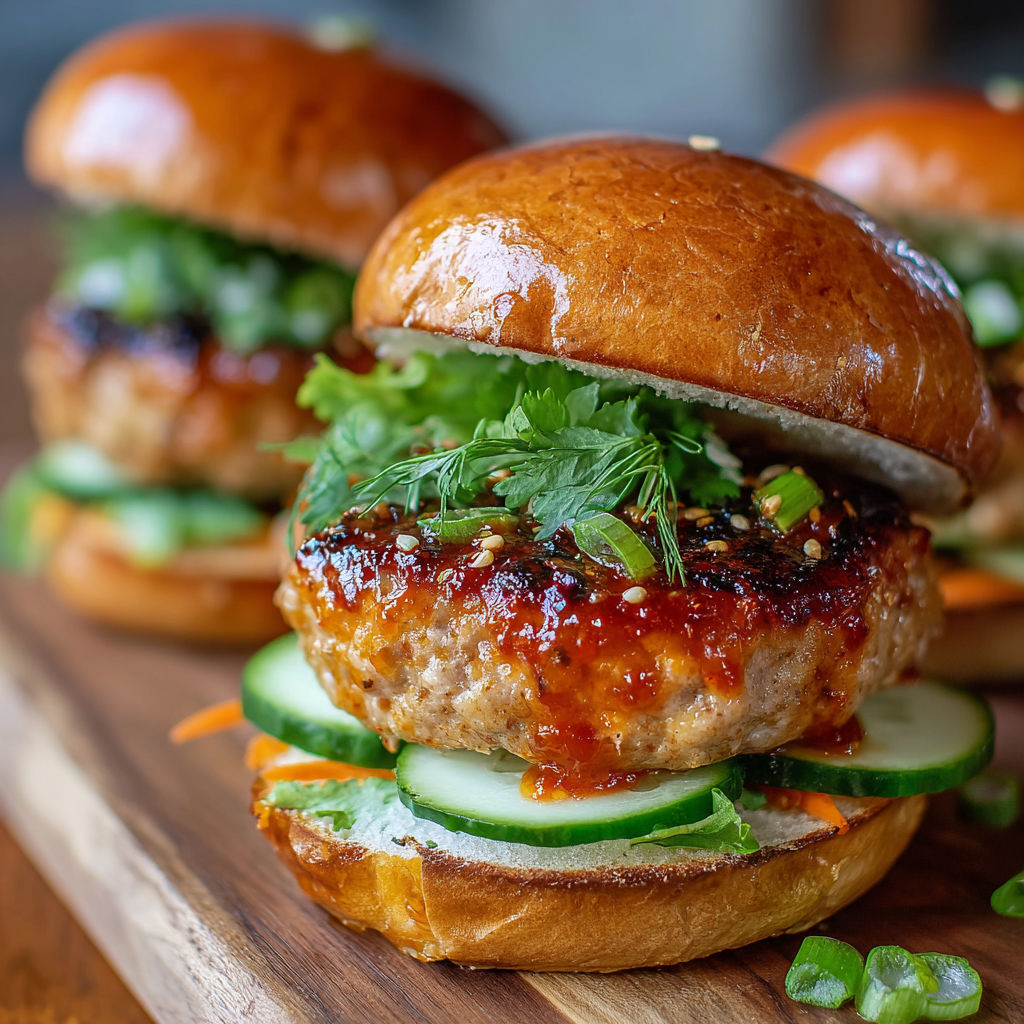 A close up of a Thai Sweet Chili Turkey Burger with a slice of cucumber on top.