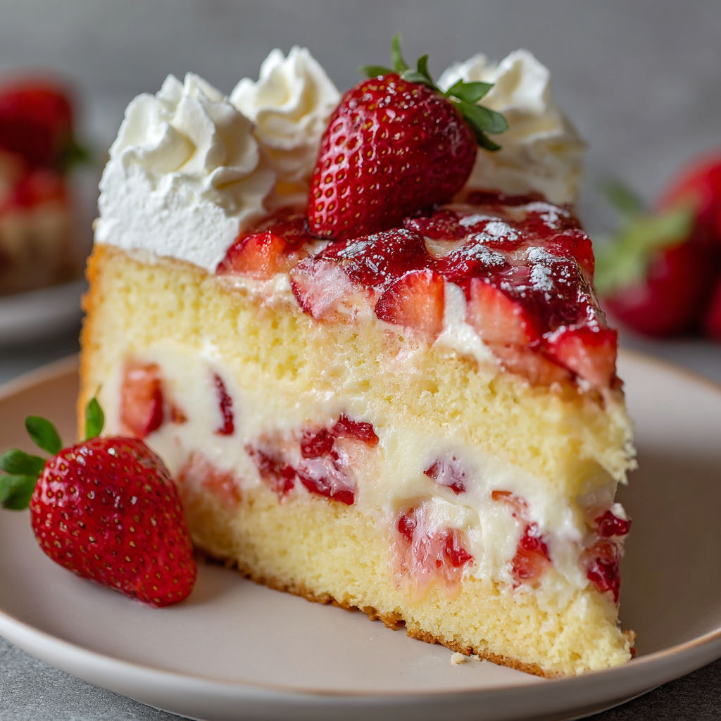 A slice of Strawberry Custard Delight Cake is served on a plate.