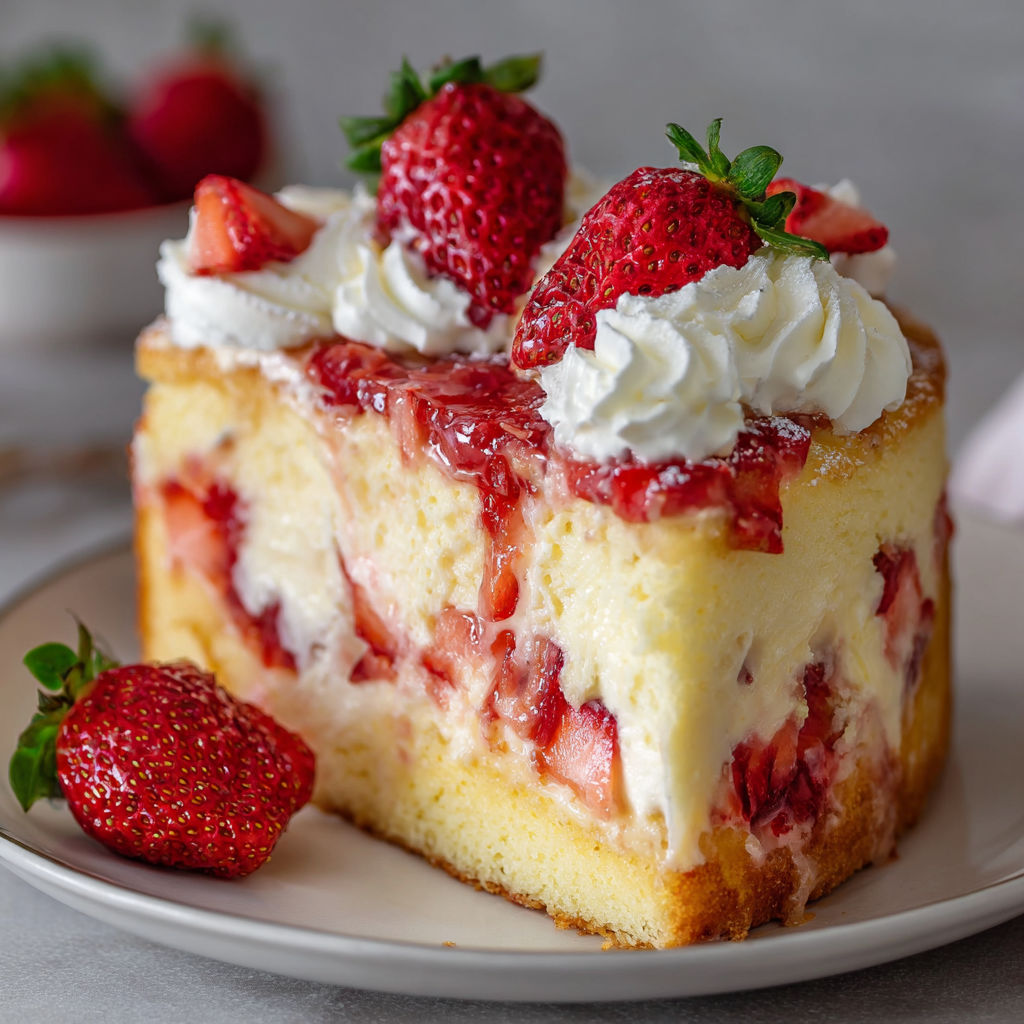 A slice of Strawberry Custard Delight Cake with whipped cream on top.