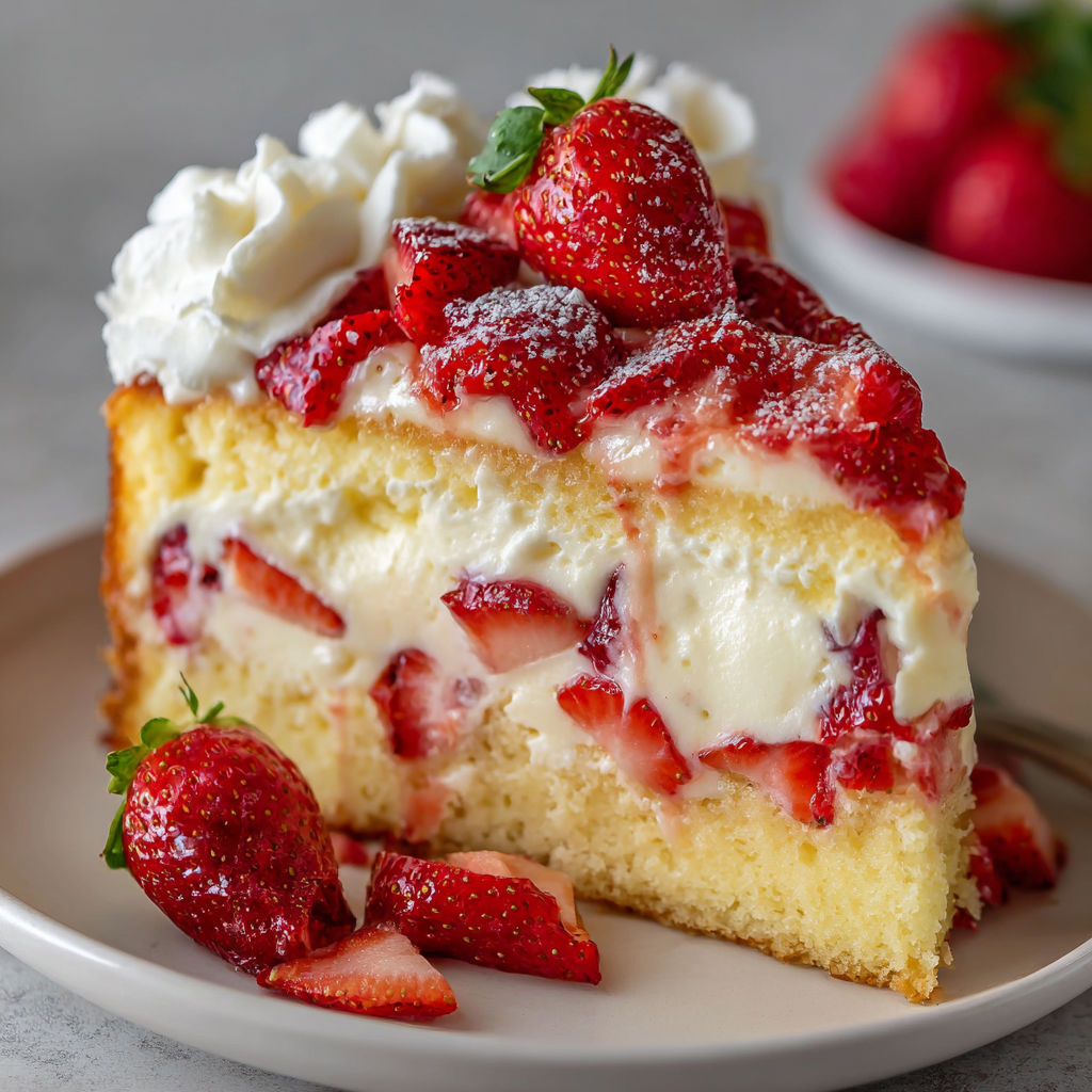 A slice of Strawberry Custard Delight Cake is served on a white plate.