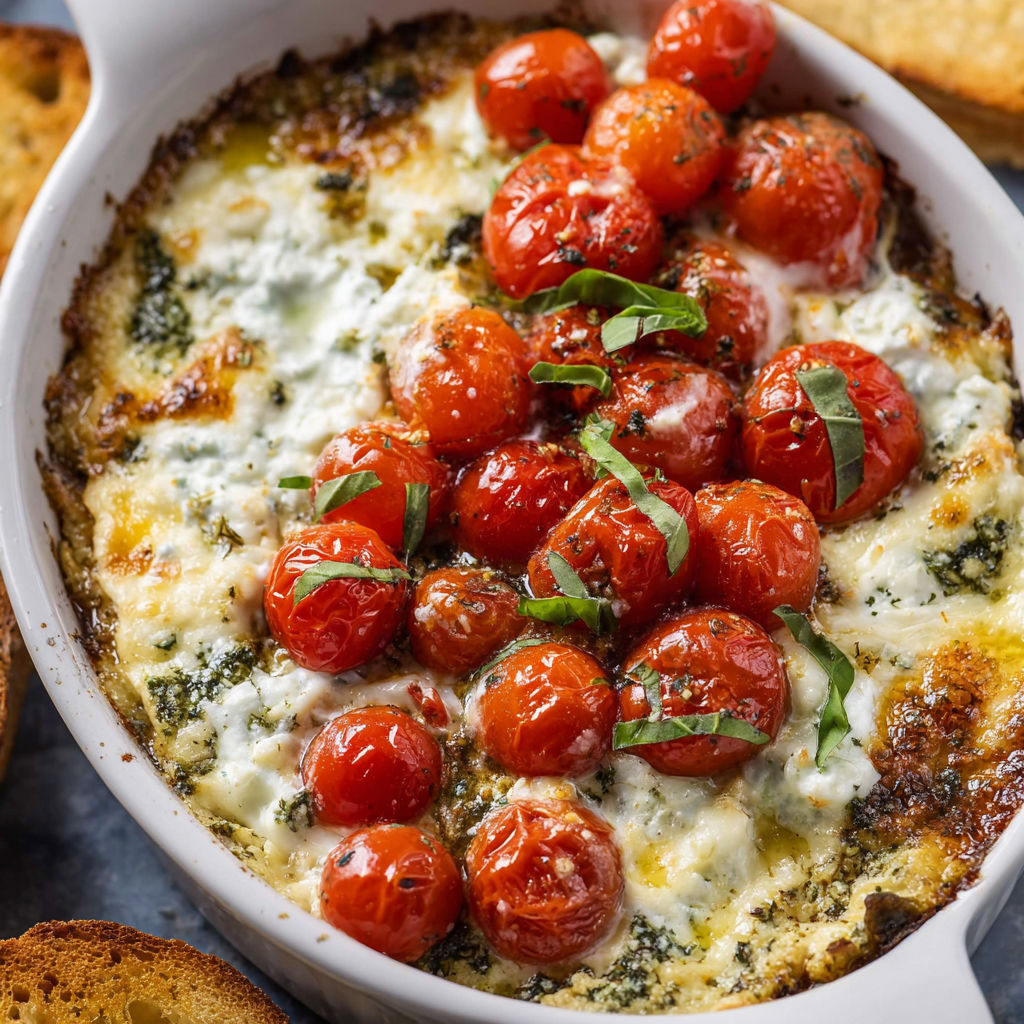 A bowl of Caprese Dip with tomatoes and cheese.