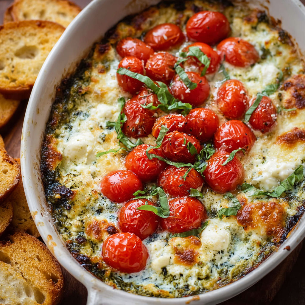A white bowl filled with a delicious vegetable dish, including tomatoes, spinach, and cheese, is placed on a wooden table.