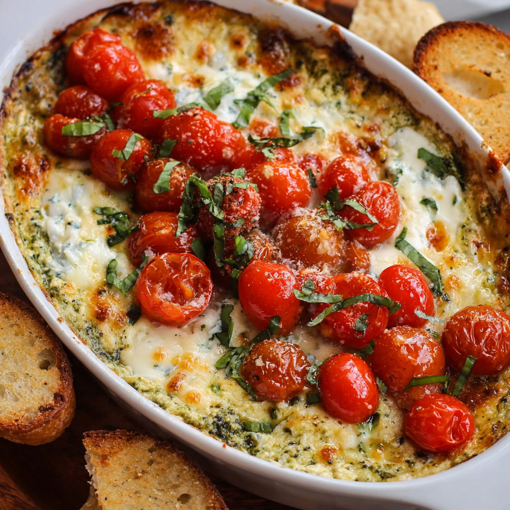 A bowl of food with tomatoes, cheese, and herbs, possibly a spinach and tomato quiche.
