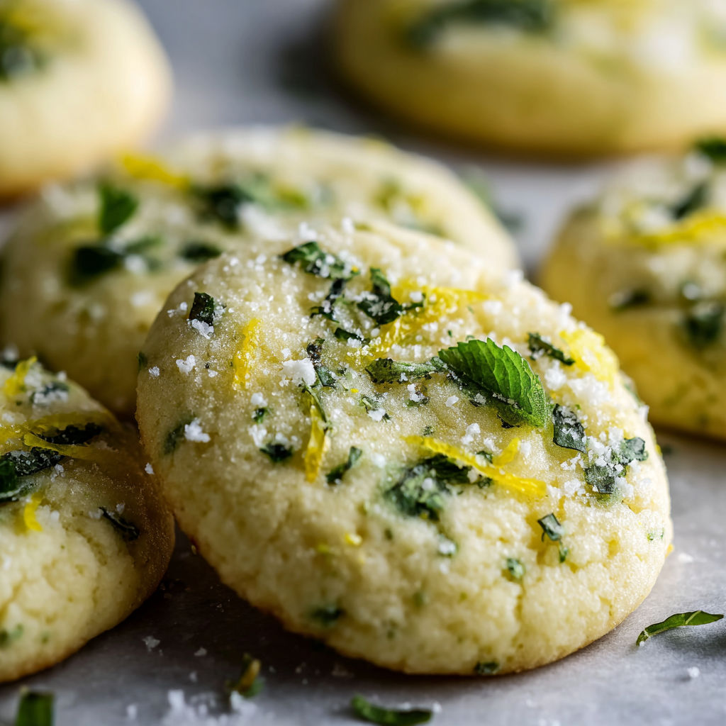 A close up of a sugar cookie with lemon basil and mint on top.