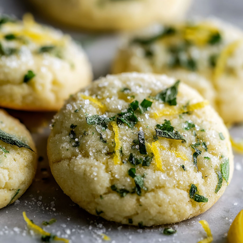 A close up of a sugar cookie with lemon basil and a sprinkle of powdered sugar.
