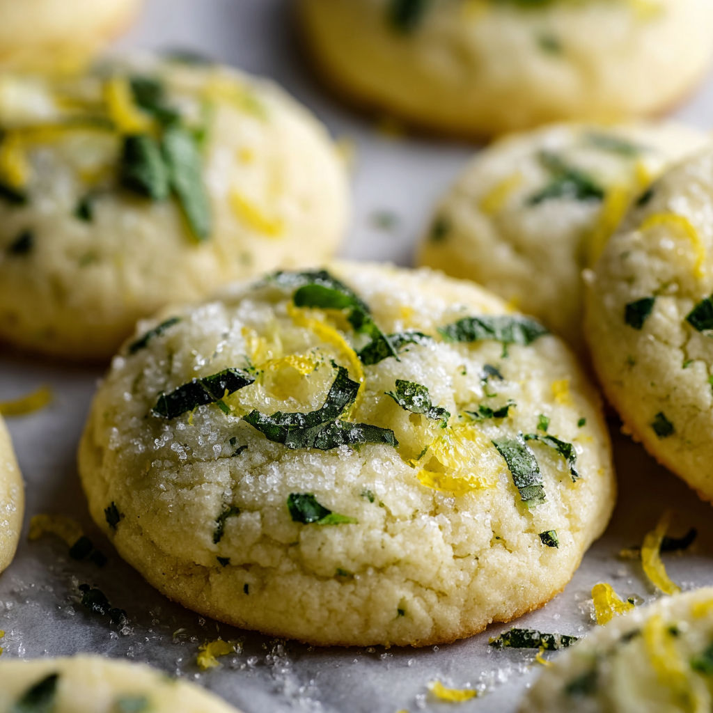 A close up of a delicious lemon basil sugar cookie.