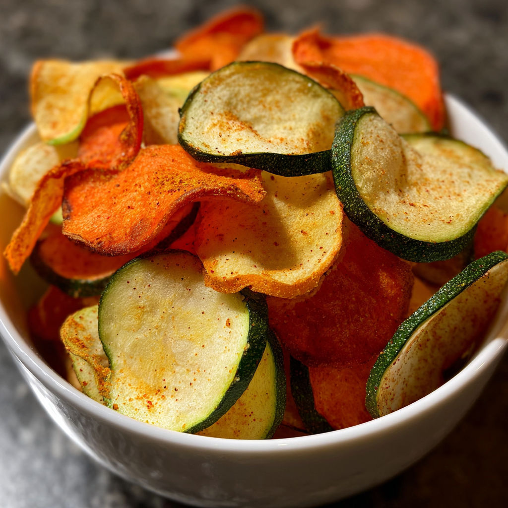 A bowl filled with a mix of chips and vegetables, including zucchini and carrots, is ready to be enjoyed as a healthy snack.