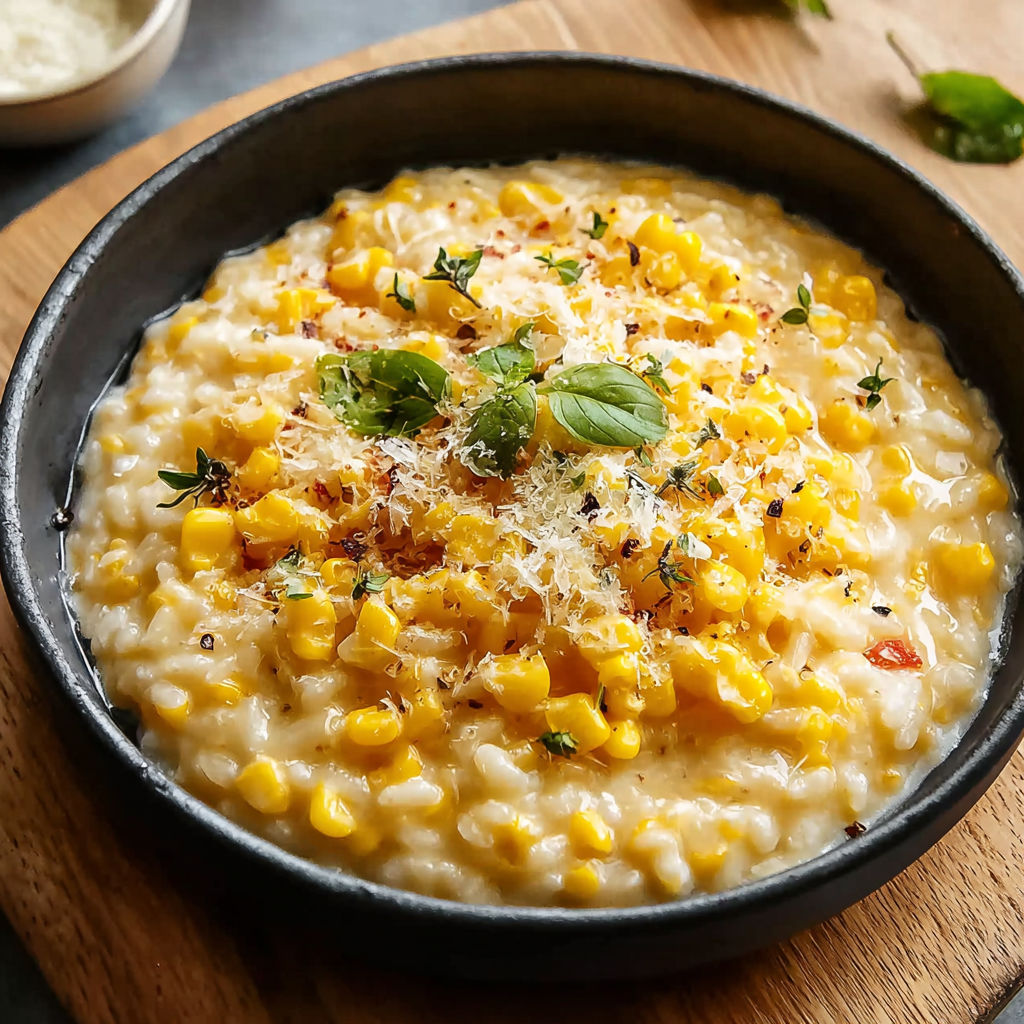 A bowl of Sweet Corn Risotto Recipe is displayed on a wooden cutting board.
