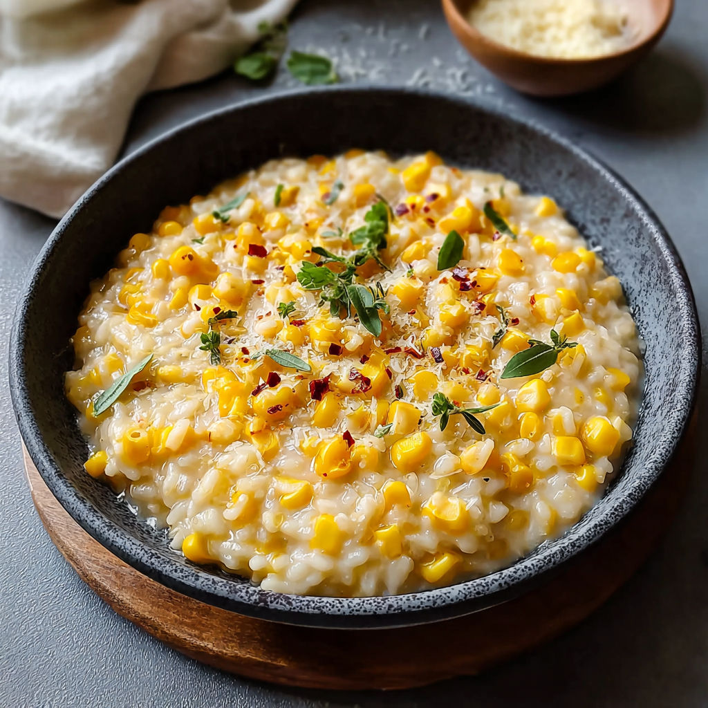 A bowl of Sweet Corn Risotto Recipe is served on a wooden platter.