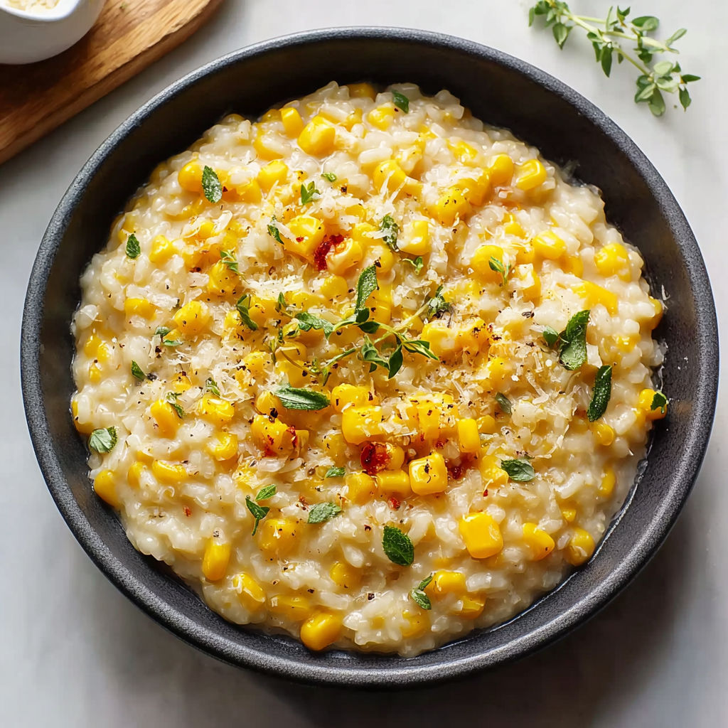 A bowl of sweet corn risotto with green herbs on top.