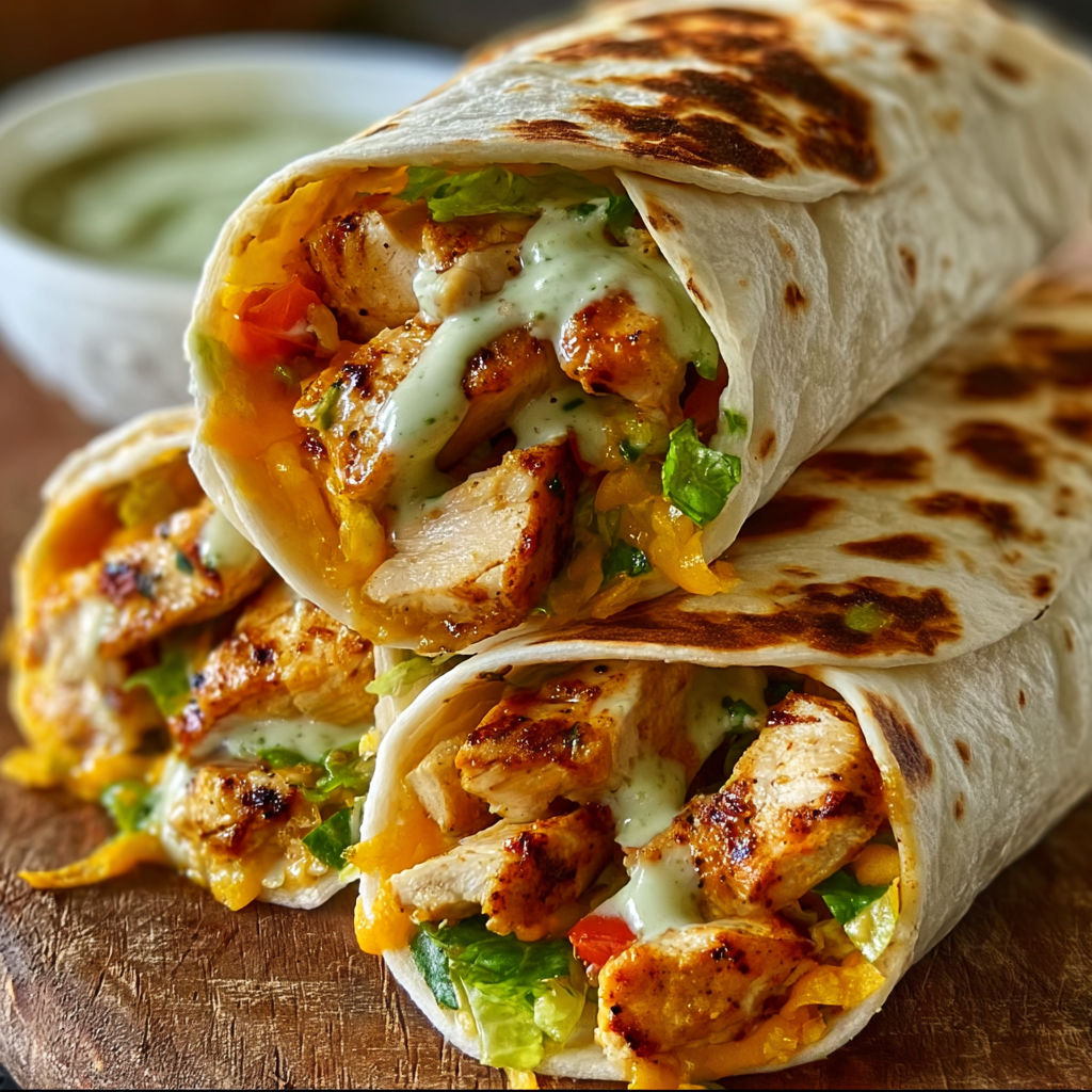 A delicious Chipotle Ranch Grilled Chicken wrap is served on a wooden table.