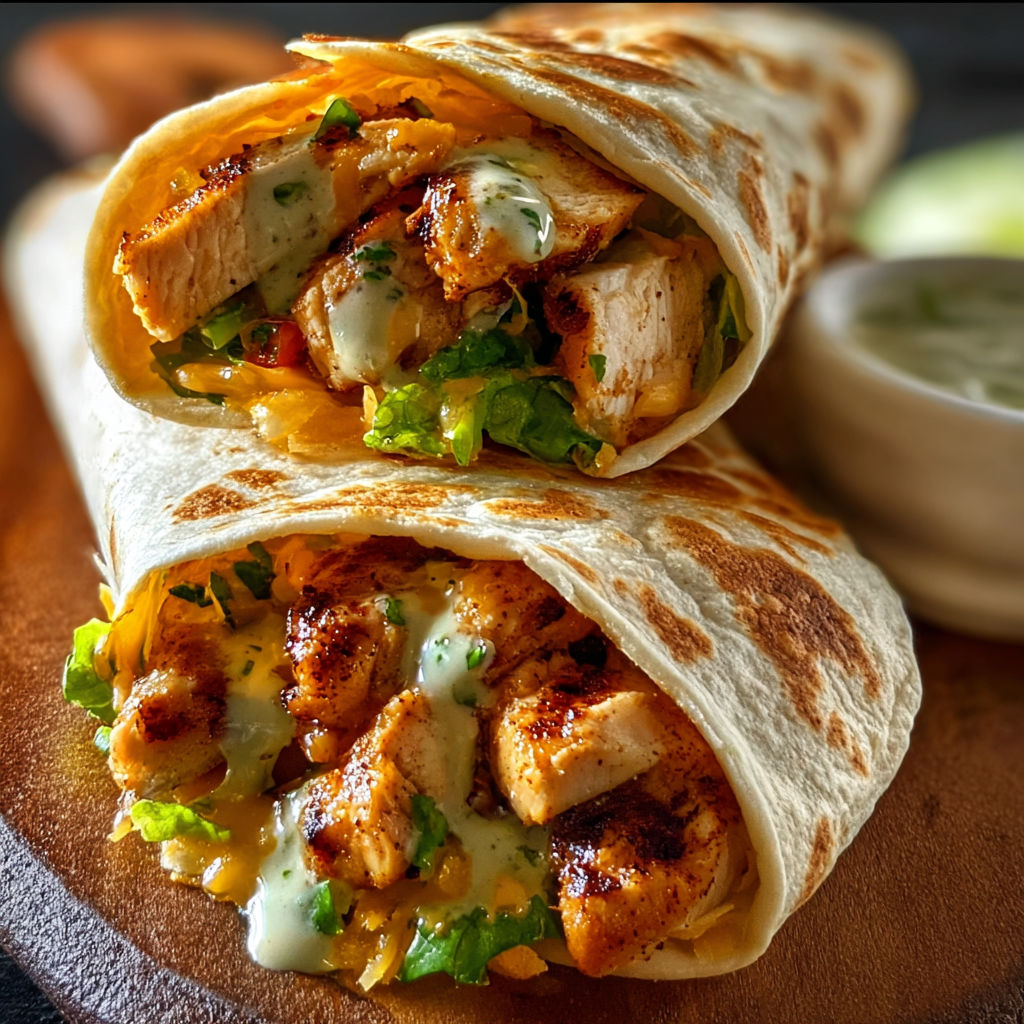 A delicious Chipotle Ranch Grilled Chicken wrap is served on a wooden platter.