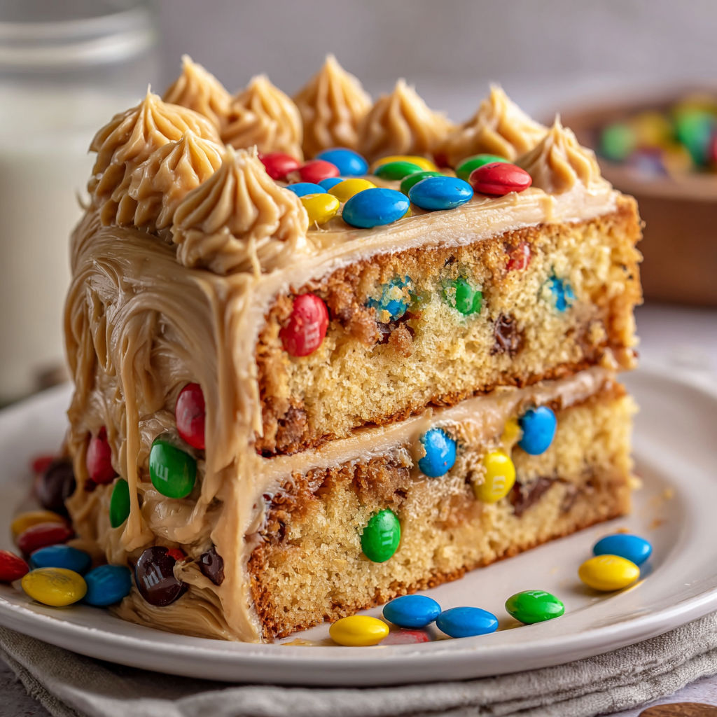 A delicious Peanut Butter M&M's Cake is displayed on a plate.