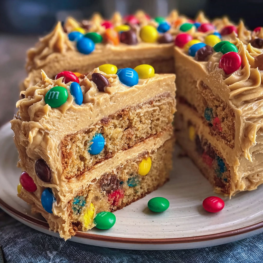 A slice of Peanut Butter M&M's Cake on a plate.