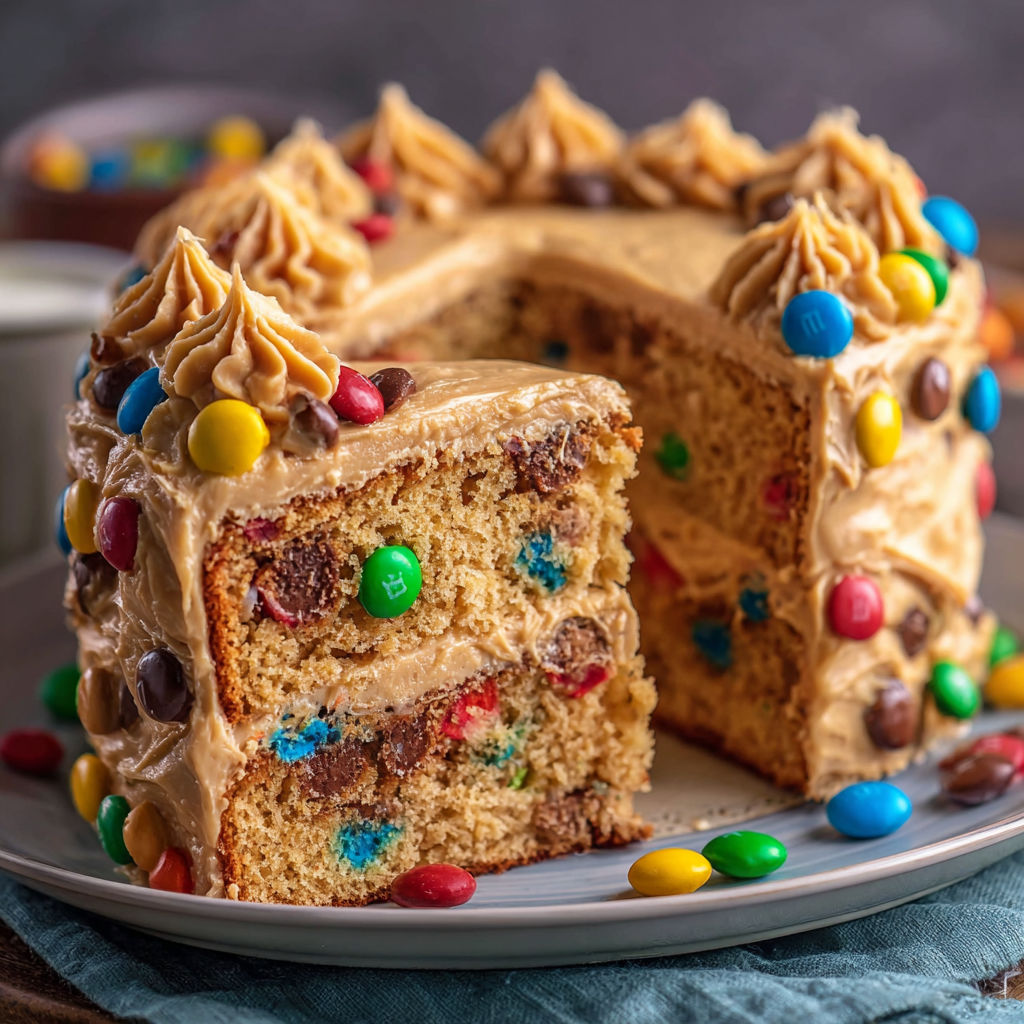 A slice of Peanut Butter M&M's Cake on a plate.