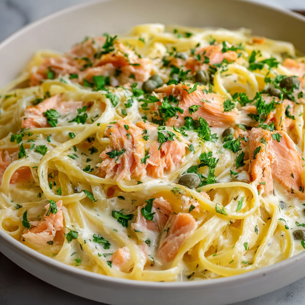 A bowl of linguine with smoked salmon and herbs.