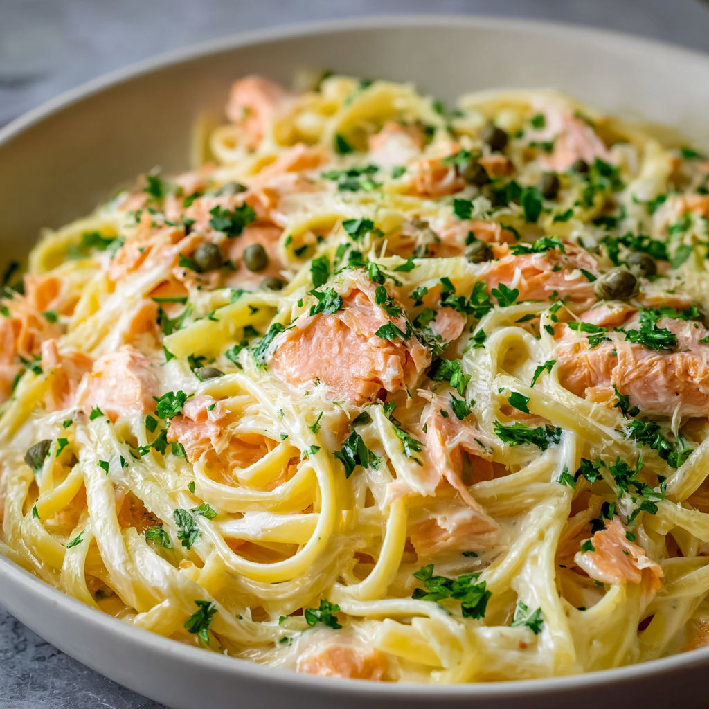 A bowl of smoked salmon linguine with a generous amount of herbs and spices.