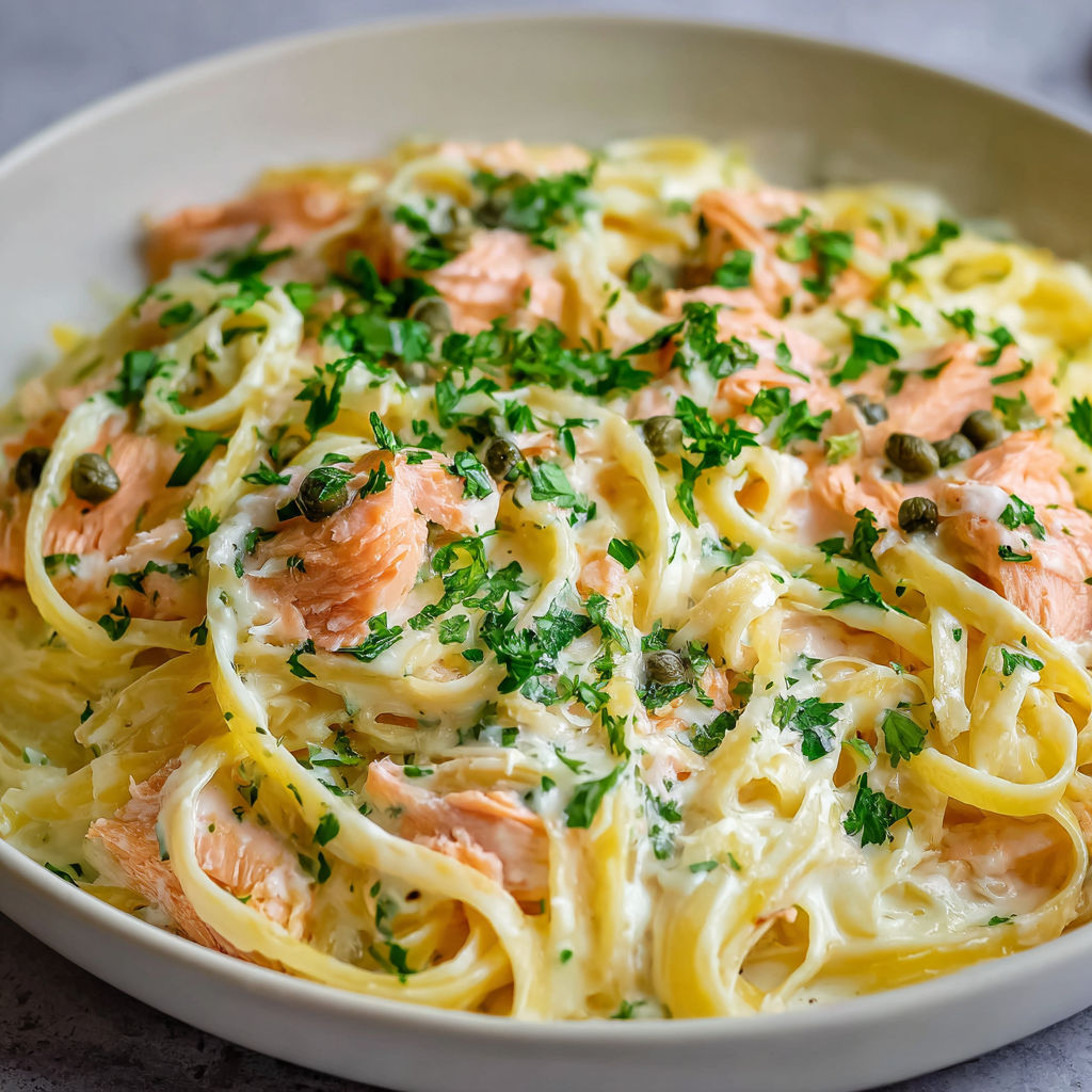 A bowl of linguine with smoked salmon and capers, served on a dining table.