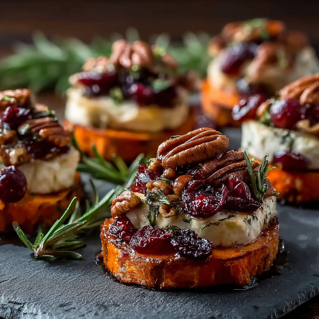 A plate of Sweet Potato Rounds with toppings of nuts and berries.